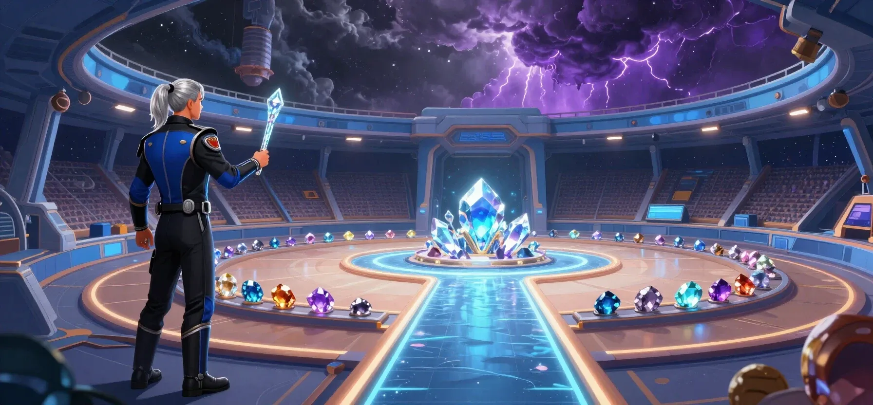 A glowing tournament arena with crystal prizes for Luckyme Casino