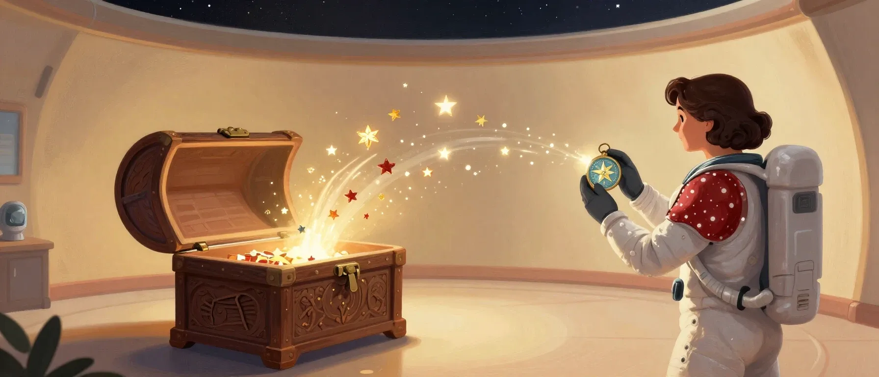 A magical treasure chest with glowing rewards for Luckyme Casino VIP players