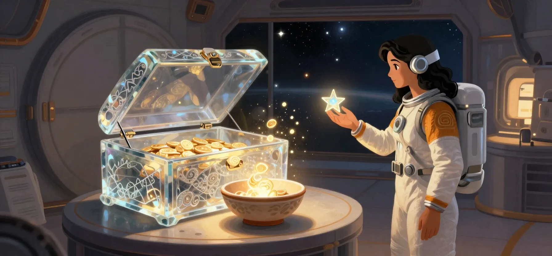 Luckyme Casino free spins shown as glowing tokens spilling from a treasure chest
