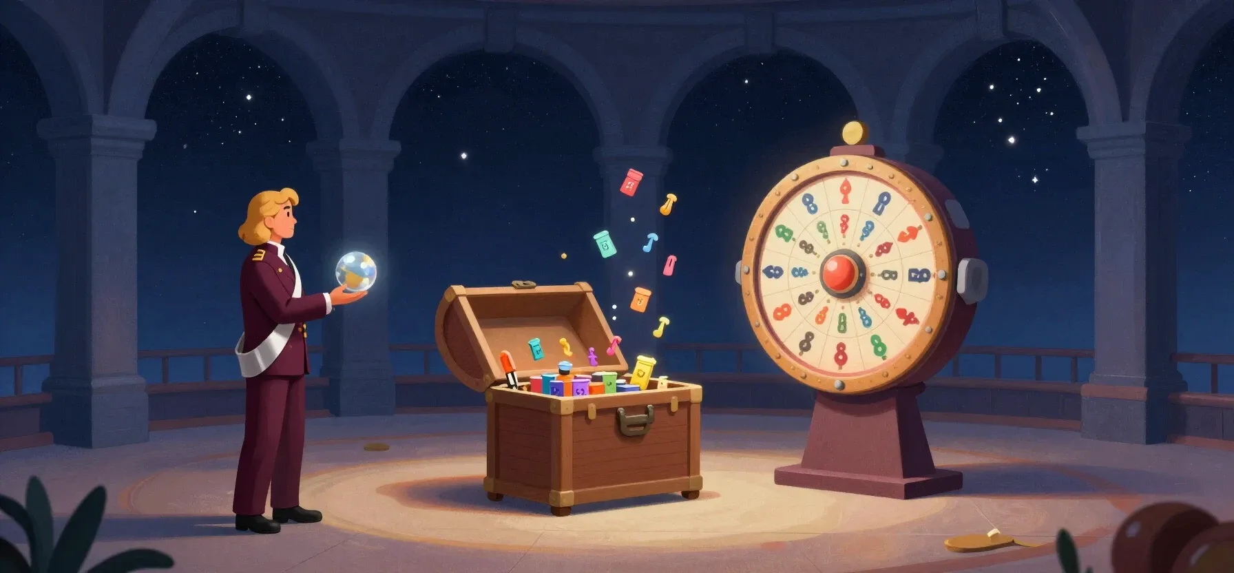 Luckyme Casino rewards and promotional prizes gathered around an open treasure chest