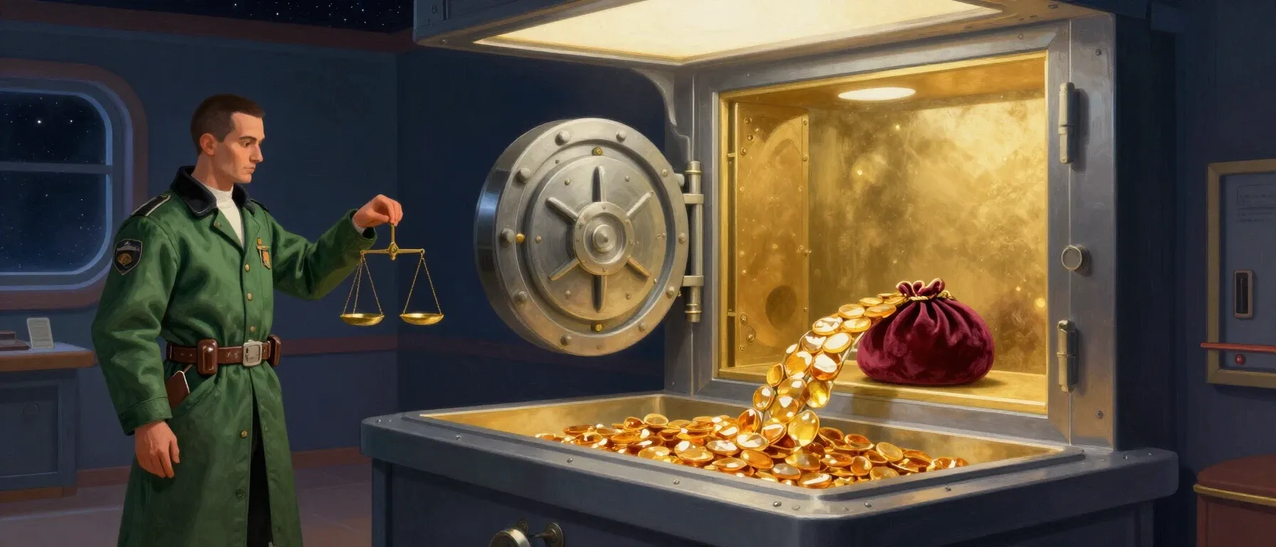 Pound coins flowing from a purse beside a vault for Luckyme Casino withdrawals.